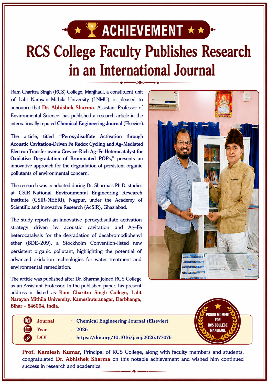 RCS College Faculty Publishes Research in an International Journal